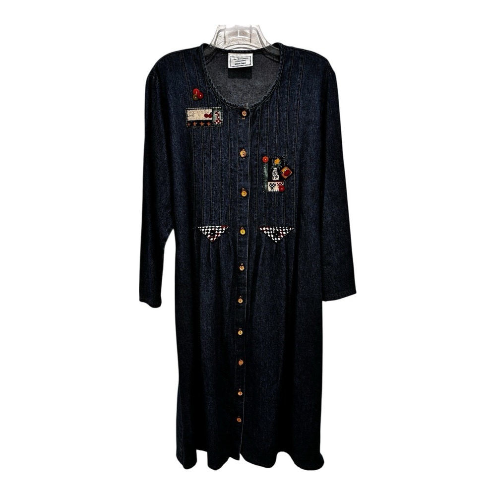 Mrs B & Co Dress Large Denim Button Front Teacher Patchwork Folk Cottage Vintage